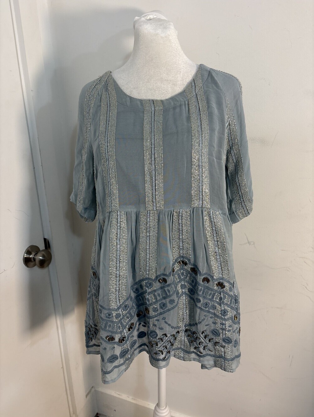 Anthropologie Blue RAGA Embellished Beaded Baby Doll Top XSmall New